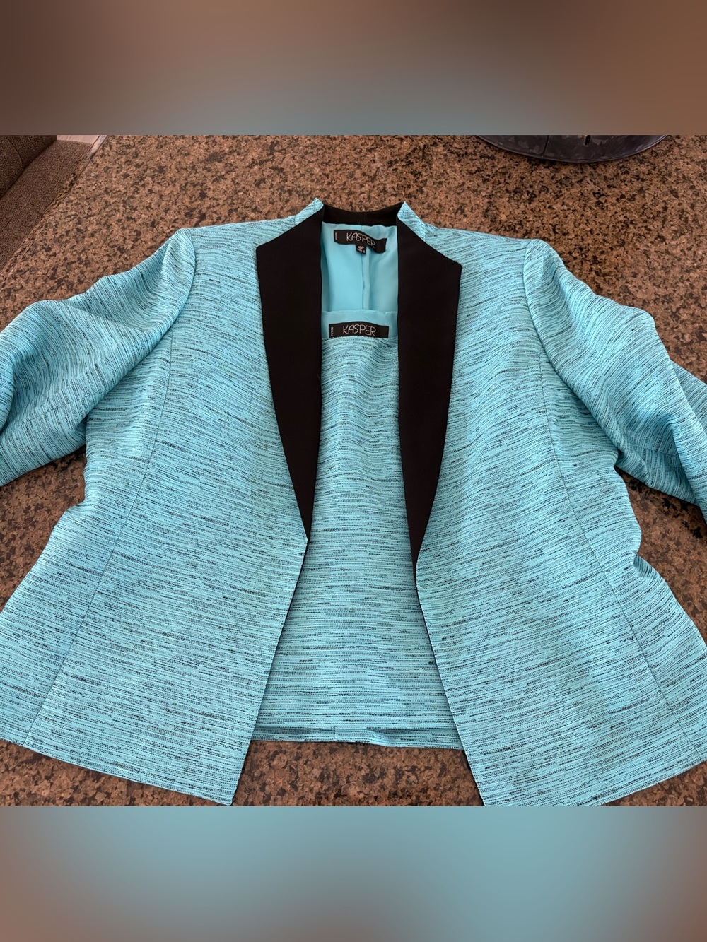 Kasper Women’s Petite 16P Blue Black 2-Piece Shawl Collar Lined Shell